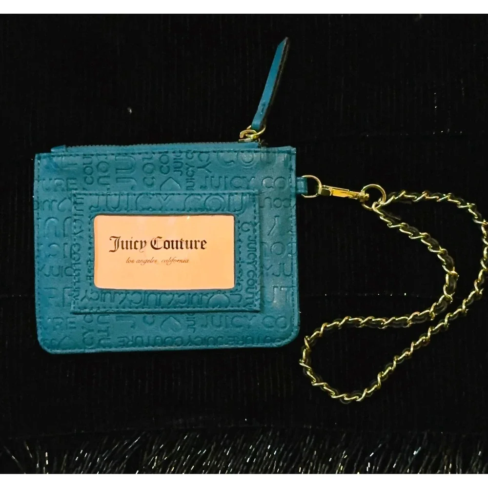 Juicy‎ Couture Card Holder Womens OS Teal Embossed Logo Chain Wristlet